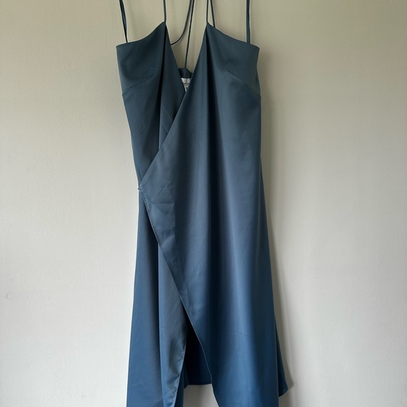 Fourteenth Place Satin Feel Blue Slip Wrap Dress - Picture 5 of 11